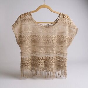 Lace Fringe Crochet Top Cover Up Bohemian Festival Beach Beige Women's M
